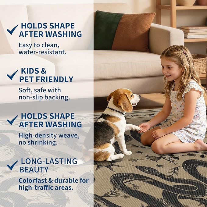 Garvee Snake Gothic 6x9 Area Rug Dark Whimsical Moody Witchy Unique Soft Thin Large Carpet for Living Room Bedroom Dining Room Playroom Indoor Decor Low Pile TPE Backing Taupe