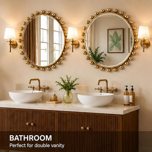 30 Inch Round Wall Mirror with Antique Gold Ball Frame, Beveled Decorative Round Accent Mirror, Vintage Gold Sunburst Style Mirror for Bedroom, Living Room, Entryway, Hallway & Wall Decor