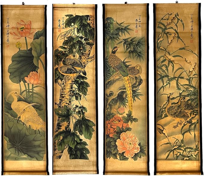 CIFIBIFUN Wall Asia Art Prints Posters Painting Plant Flower Vintage Style,4 Panels Old Paper Scroll, Home Walls Decor (Super Old Aging Paper, B Plants Birds)