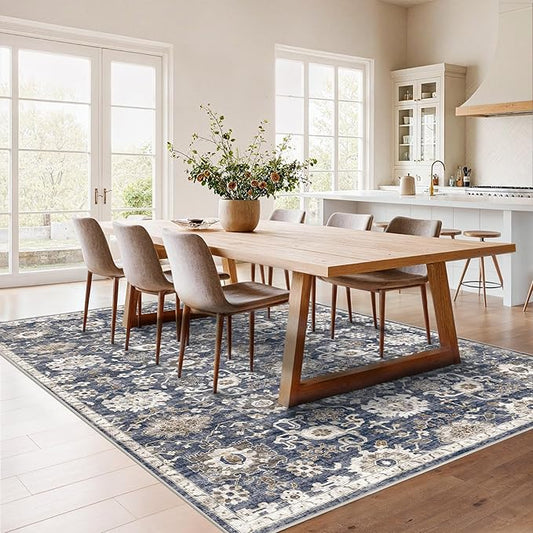 AMADA HOMEFURNISHING 10x14 Washable Area Rug, Low-Profile Large Area Rug with Non-Slip Backing & Durable Edge Binding, Vintage Large Rugs for Living Room, Bedroom & Dining Room