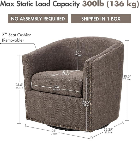 Madison Park Swivel Barrel Accent Chair, Upholstered Curved Back with 7-Inch Thick Woven Cushion, 360° Swivel, Nailhead Trim, Comfy Chair for Living Room, Bedroom, Office, 28" Wide, Chocolate, Tyler