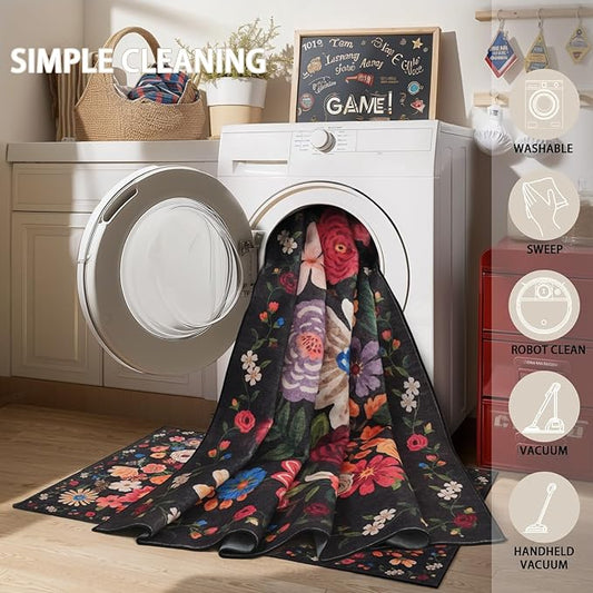 Rug for Hallways Kitchen Rug 3x7, Non Slip Washable Runner Rug with Rubber Backing Soft Floral Carpet for Hallways, Kitchen, Laundry, Bedroom, Bathroom (3 x 7, Black/Brown)
