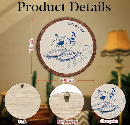 Western Coastal Cowboy Hanging Wall Decor, Coastal Cowgirl Round Room Decor,Surf's Up Cowboy Wooden Wall Art, Beachy Western Decorations for Apartment Home Living Room Bedroom Bathroom Office, 06