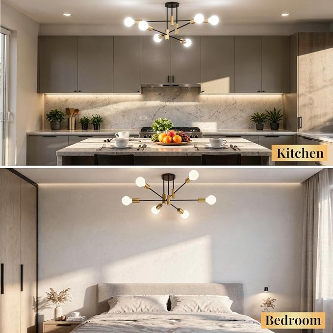 Modern Sputnik Chandelier Ceiling Light Fixtures, 6-Lights Mid Century Industrial Metal Semi Flush Mount Lamp for Bedroom Dining Room Living Room Kitchen Hallway Office-Black and Gold