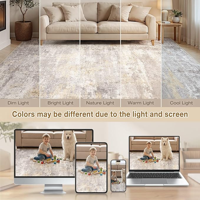 cotiled 3x5 Area Rugs for Living Room - Washable Neutral Abstract Carpet Non Slip Soft Rug for Bedroom & Dining Table, Robot Vacuum & Pet Friendly Floor Decor Gold/Grey/Brown