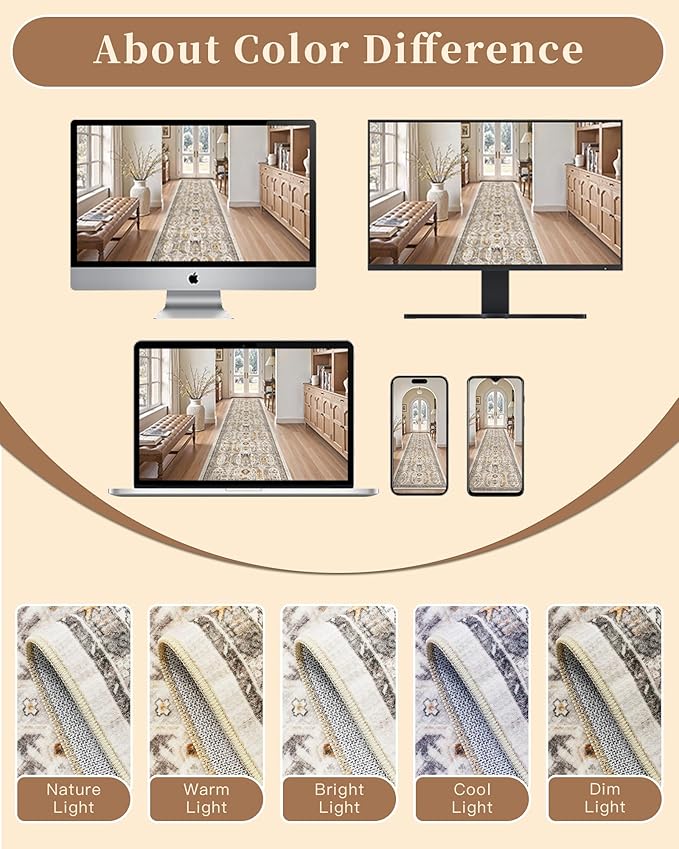 Madane Hallway Rug 3x10, Kitchen Rugs Washable Entryway Rug Vintage Kitchen Runners Non Slip Indoor Area Rug Farmhouse Carpet Runner for Bathroom Living Room Bedroom, Brown/Gold