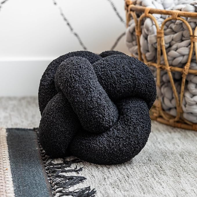 SAMIAH LUXE Charcoal Black Teddy Boucle Knot Pillow Ball 12", Permanently Stitched Knotted Decorative Throw Pillow, Natural Kapok Fill, Round Accent Pillow for Couch Sofa Bed, Boho Home Decor