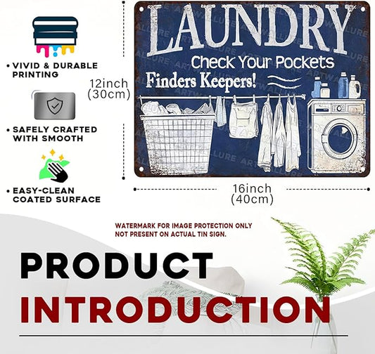Laundry Vintage Tin Sign Check Your Pockets Metal Sign Funny Laundromat Rules Decor 12x16Inch