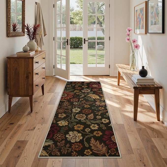 GENIMO 2X6 Washable Runner Rug for Hallway, Vintage Floral Print Non-Slip Low Pile Carpet, Stain Resistant Soft Chenille Rug for Entryway Kitchen Corridor, Floral Brown