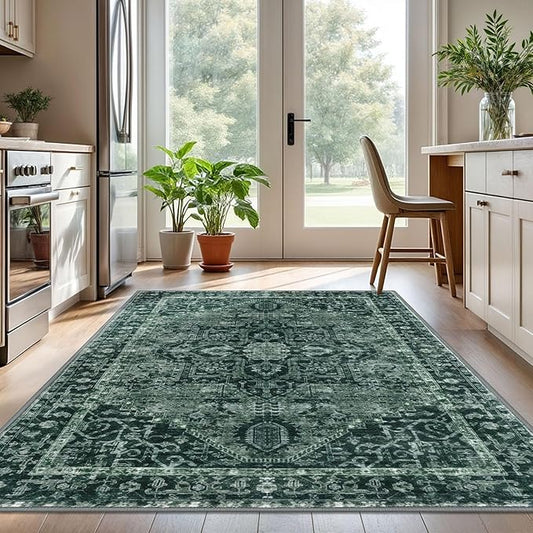 KOZYFLY Boho Area Rug 5x7 Ft Thin Washable Rugs for Living Room Faux Wool Throw Carpet Printed Non Slip Rug for Entryway Bedroom Dining Room Living Space, Dark Green