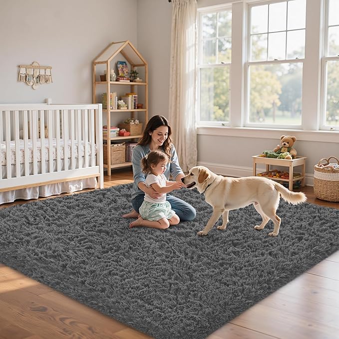 6x9 Area Rug for Living Room:Ultra Soft Fluffy Shag Dark Grey Rugs,Large Fuzzy Plush Indoor Non Slip Carpet Washable Rug for Bedroom Kids Nursery Office Dorm Modern Decor(Dark Grey 6'x9')
