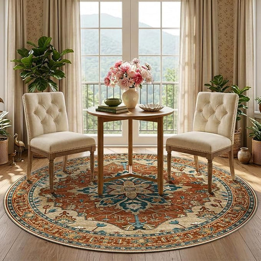 RELEANY Area Rugs Round 5ft Washable Non-Slip, Floral Vintage Distress Print Pattern Medallion Carpet for Living Room Bedroom Dining Room, Red Orange Blue Brown