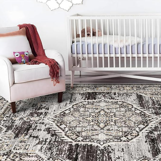 Washable Rugs 9x12 Area Rug:Large Rugs for Living Room - Oriential Distressed Printed Floral Carpet - Non Slip with Rubber Backing Area Rug 9'x12' Black
