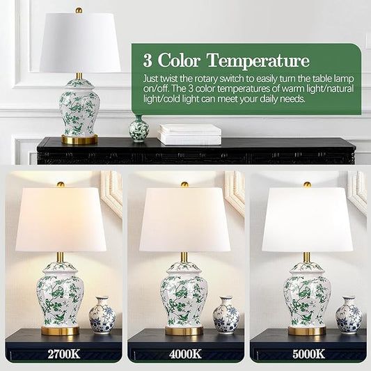 QiMH Chinoiserie Ceramic Table Lamps Set of 2 for Living Room, Vintage Traditional Bedside Lamps for Nightstands, 22" Large Green and White Table Lamp for Bedroom Cottage, Gold(LED Bulbs Included)