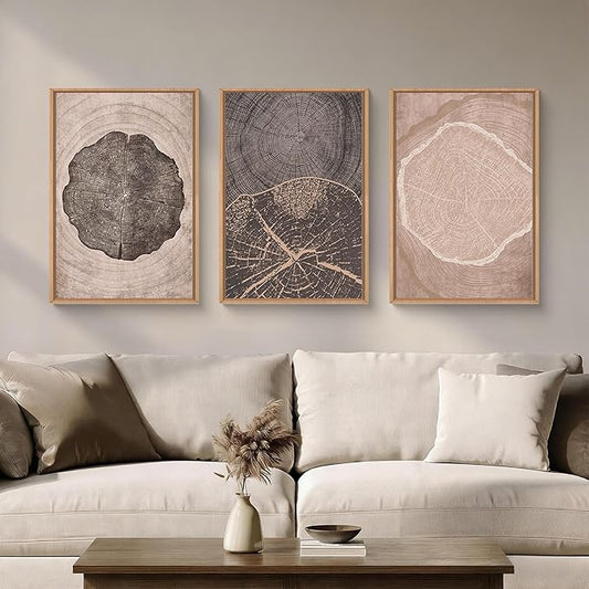 HOURIA Neutral Brown Tree Rings Framed Canvas Wall Art Set,Vintage Abstract Dark Gray Wood Stump Wall Decor,Modern Minimalist Wood Grain Slice Artwork for Living Room,Bedroom,Farmhouse- 24"x36"x3