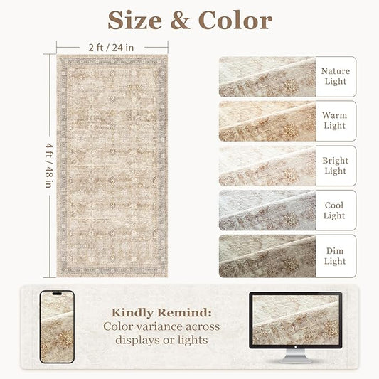 Neutral 2x4 Entryway Rug, Vintage Earth Tone Door Mat Indoor Entrance Entry Way, Washable Non Slip Low Pile Thin Small Runner Rug for Kitchen Floor Sink Area Bathroom Bedside, Beige Taupe