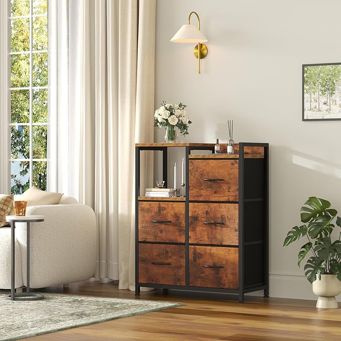DUMOS TV Stands for Bedroom with 5 Drawers, 5-Drawer Chest of Drawers with Raised Shelf, Storage Tower with Fabric Bins for Closet Organization, Hallway Storage, Tank