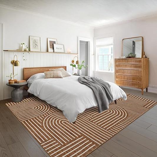 ROYHOME Washable Rug 8x10 Area Rugs for Living Room, Abstract Rug for Bedroom, Soft Rainbow Non Slip Throw Rugs With Rubber Back, Low Pile Stain Resistant Boho Geometric Carpet for Dining Room, Copper