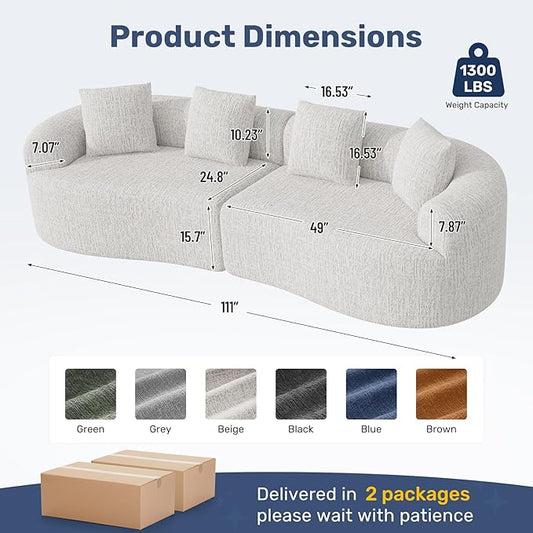 110” Modern Curved Sofa,Oversized Couch for Living Room,Cloud Couch with Boneless Couchs,Modular Sectional Sofa with Deep Seat,No Assembly Required,Beige