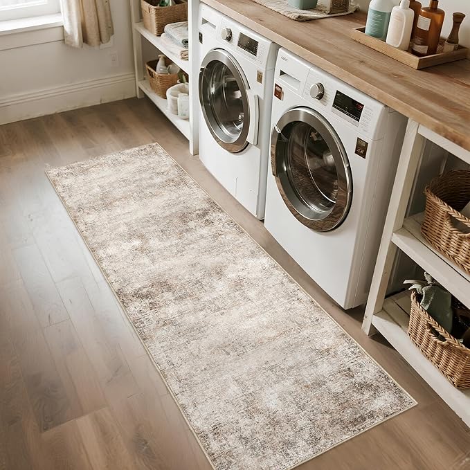 Washable 2x6 Kitchen Runner Rug: Abstract Indoor Rubber Backing Runners for Hallway Bathroom Bedroom - Easy Clean Soft Thin Floor Mat - Modern Neutral Decor Throw Carpet - Beige Brown