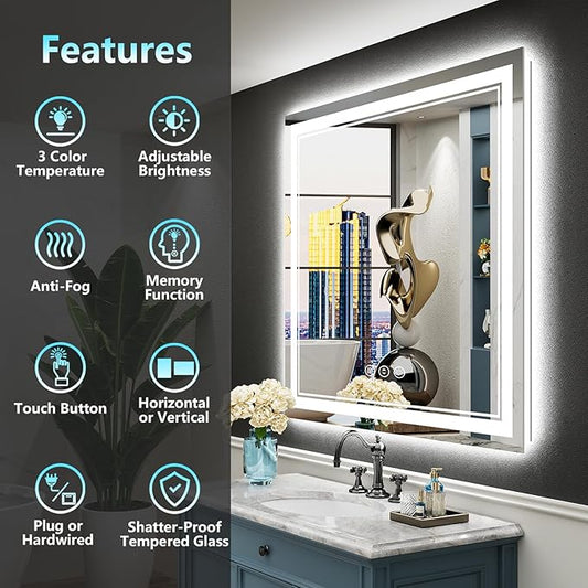 36x36 LED Bathroom Mirror with Lights, Backlit and Front Lit Anti-Fog Lighted Vanity Mirrors for Bathroom Wall, Dimmable, 3-Color Light, Memory, Shatter-Proof, HD Tempered Glass, CRIοΌ90