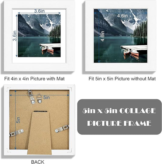 Hongkee 5x5 Picture Frame with Real Glass - Display Pictures 4x4 with Mat or 5 x 5 without Mat, Photo Frame for Wall or Table Top Display(White, 3 Pack)