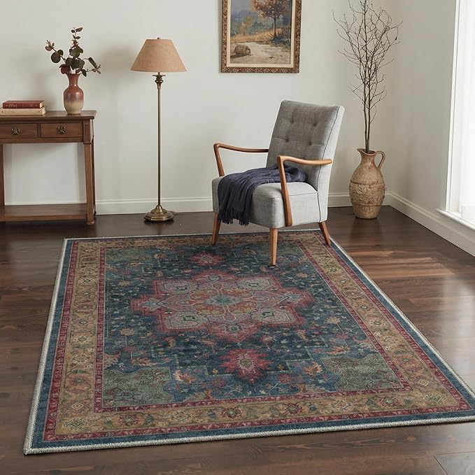 GENIMO 2x6 Runner Rugs for Hallway, Machine Washable Non Slip Vintage Rugs, Low Pile Lightweight Soft Print Carpet for enrtyway, Corridor, Home Office, Kitchen, Teal Burgundy