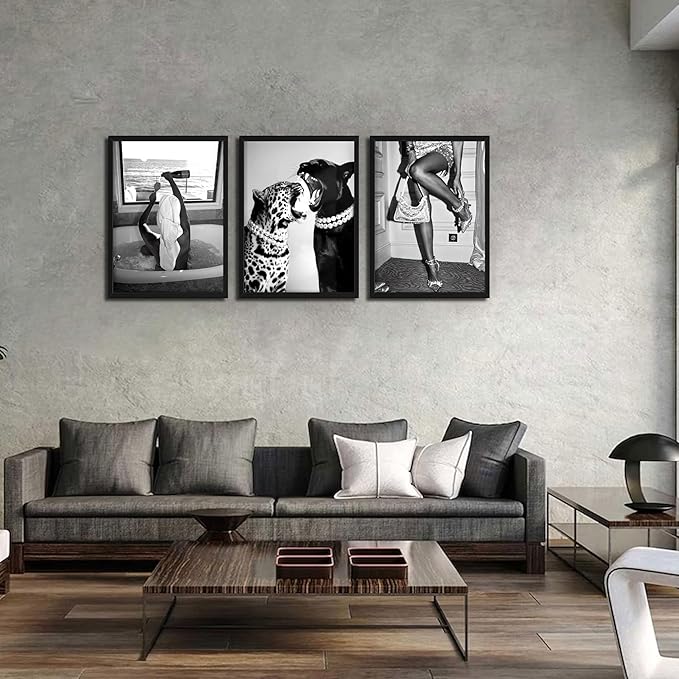 Framed Trendy Black and White Wall Art Set of 3, Fashionable Cheetah Wall Decor, Posters for Room Aesthetic, Modern Vintage Photography Model Canvas Prints for Living Room Bedroom – 12x16in