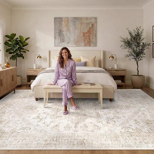 Rugxara 10x14 Extra Large Washable Area Rug, Soft Neutral Vintage Boho Rug for Living Room, Bedroom, Office, Farmhouse, Low Pile Imitation Wool Non Slip Carpet Ideal for High-Traffic Areas, Beige