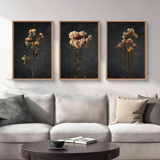 HOURIA Dark Moody Dried Floral Framed Canvas Wall Art Set,Vintage Mid Century Black Flower Wall Decor,Retro Boho Minimalist Wildflower Botanical Artwork for Living Room,Bedroom,Farmhouse- 24"x36"x3