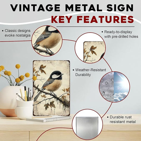 Chickadee Bird Metal Tin Sign Rustic Wall Decor Vintage Wildlife Art Nature Theme Cottagecore Home Decor Quote 8x12inch