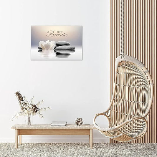 Zen Stone Canvas Wall Art Just Breathe Yoga Quotes Poster for Spa Decor White Lotus Flower Pictures Prints for Bathroom Modern Spiritual Artwork Framed (24 x 36inches)