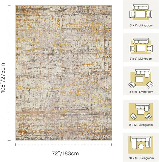 Rugxara 6x9 Washable Area Rug for Living Room, Modern Abstract Large Boho Rugs for Office, Dining Room, Kids Room, Farmhouse, Durable Low Pile Non Slip Carpet for High Traffic Areas, Gold Beige