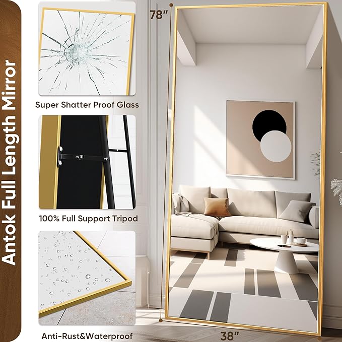 Antok Full Length Mirror, 78"x38" Oversized Floor Mirror Freestanding, Full Body Floor Standing Mirror with Stand, Hanging Mounted for Living Room Cloakroom,Gold,Rect Style