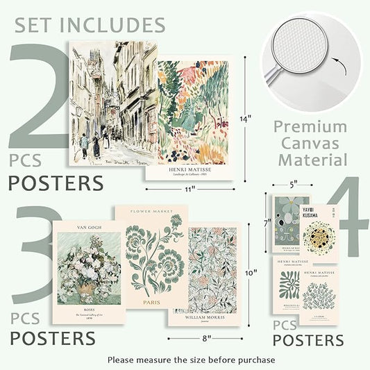 KBKBART 9 PCS Sage Green Wall Art - Eclectic Decor, Abstract Posters for Room Aesthetic, Matisse Wall Art for Bedroom