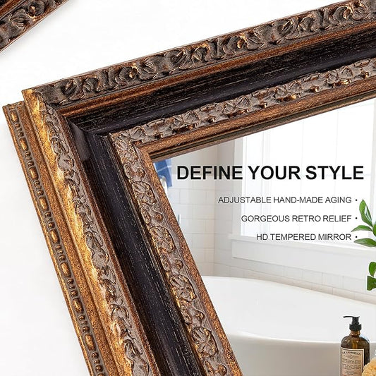 Narrow Vintage Wall Mirror, 46" X 22.5" Decorative Mirror with Black and Bronze Handmade Aging Carvings Solid Wood Frame for Baroque Bathroom, Living Room, Fireplace, Entryway and Bedroom
