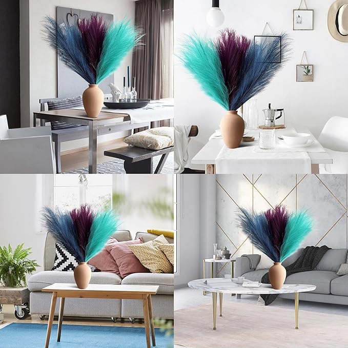 Pampas Grass Decor, Fluffy Faux Pampas Grass 6 Stem 18"/45cm Pompous Grass Small Flower Arrangement and Vase Filler for Boho Home Wedding Decoration