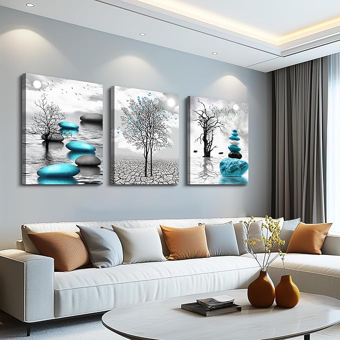Canvas Wall Art for Living Room Wall Decor for Bedroom Bathroom Black and White Paintings Modern 3 Piece Framed Canvas Art Prints Ready to Hang Inspirational Abstract Blue Pictures Home Decorations