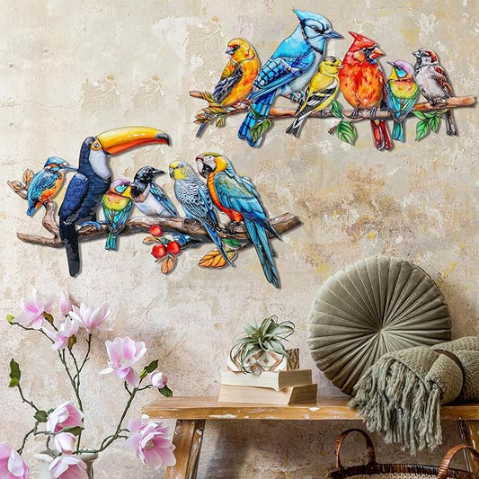 YOADEHOA 2Pcs Metal Bird Outdoor Wall Art Decor, Hummingbird Wall Silhouette Art, Bird on Branch Wall Sculpture Hanging Indoor Outdoor for Yard Garden and Patio (Birds D)