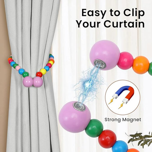 KLOGTSIND Magnetic Curtain Tiebacks, Curtain Tie Backs for Curtains 2 Pack, Wood Bead Curtain Tiebacks, Curtain Holders for Boho Bedroom Decor, Baby Nursery Decor, Farmhouse Décor