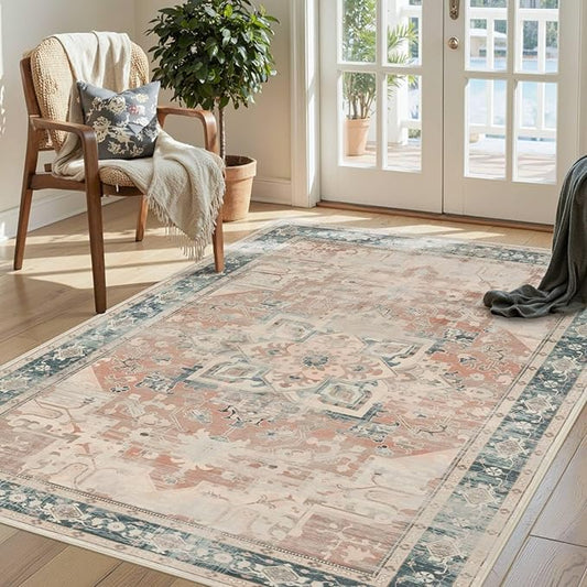Rugxara 3x5 Orange Washable Entryway Rug, Non Slip Boho Runner Rugs for Hallway, Entrance, Kitchen, Bathroom, Laundry Room, Soft Entryway Carpet, Throw Low Pile Retro Imitation Wool Carpet, Coral