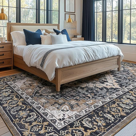 Lessymo 9 x 12 Area Rugs for Living Room, Machine Washable Area Rugs Boho Faux Wool Low Pile Area Rug for Bedroom, Floral Medallion Vintage Rugs with Non-Slip Rubber, Kid & Pet Friendly,Black Brown