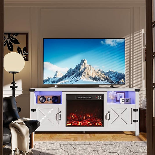 Furmax LED Entertainment Center with Fireplace, Fireplace TV Stand with Storage Cabinets and 2 Open Shelves, Modern Media TV Console for Living Room (White)