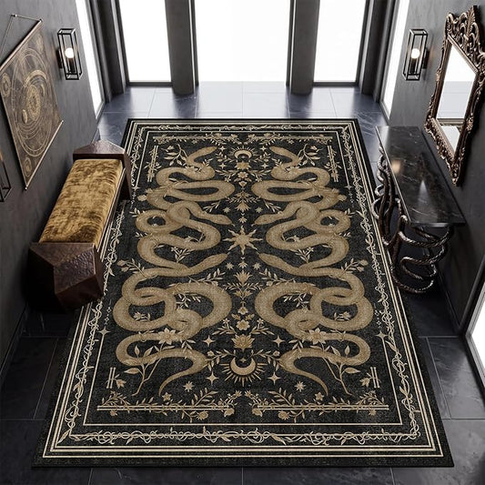 Garvee Snake Gothic 8x10 Area Rug Dark Whimsical Moody Witchy Unique Soft Thin Large Carpet for Living Room Bedroom Dining Room Playroom Indoor Decor Low Pile TPE Backing Black Gray