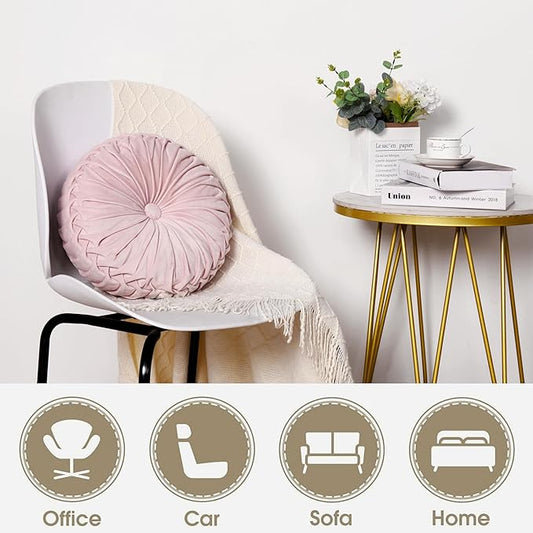 HIG Set of 2 Pink Ruched Velvet Round Throw Pillows – 14.5’’ Decorative Pillows with Soft Polyester Filling for Couch, Bed, Living Room, Bedroom, or Dorm – Handmade, Stress Relieving, All-Season