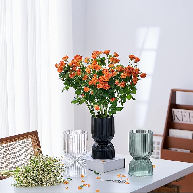 7.5 inch Vase for Flowers, Ribbed Thickened Glass Green Vases, Hourglass Bud Flower Vase for Bookshelf, Dinner Table, Indoor Office Desktop, Meeting Room, Bathroom, Home Decor, Christmas Decoration