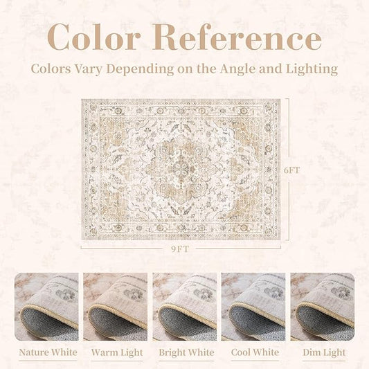 PADOOR 6X9 Area Rug,Rugs for Living Room,Soft Beige Rugs for Bedroom,Machine Washable Rug Non Slip Carpet for Dining Room Living Room Bedside Office