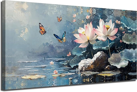 Ardemy Lotus Flower Wall Art for Living Room Butterfly Canvas Art Wall Decor, Floral Painting Textured Large Framed Picture Artwork Bedroom Kitchen Dining Home Office 48"x24"