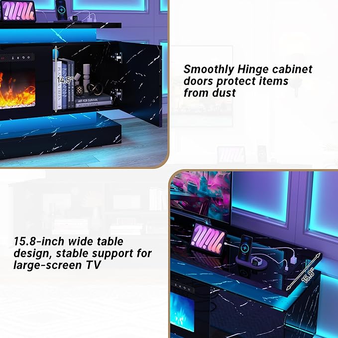 chartustriable 71IN LED TV Stands w/40 inch Fireplace Power Outlet for 85/80/75 Inch TVs,High Glossy Modern TV Media Console Gaming with 2 Storage Cabinets,Dual LED Lights,Black Marble