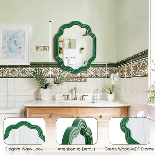 Green Wavy Oval Mirror 16x20 Scalloped Wall Mounted Unique Wooden Frame Modern Mirror for Bedroom Living Room Entryway Hallway